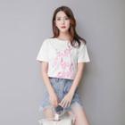 Set: Short-sleeve Lettering T-shirt + Embellished Ripped Denim Shorts