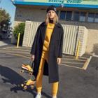 Letter-tag Wool Blend Long Coat Black - One Size