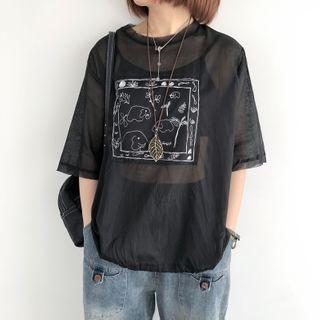 Cartoon Print Drawstring-hem Short-sleeve T-shirt
