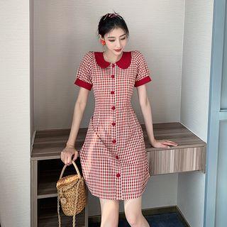 Check Puff-sleeve Slim-fit Dress