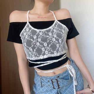 Mock Two-piece Lace Detail Crop Top