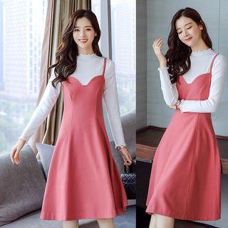 Set: Mock Neck Frilled Top + Spaghetti Strap Dress