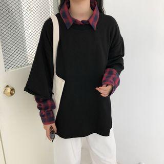 Mock Two-piece Plaid Panel Pullover Black - One Size