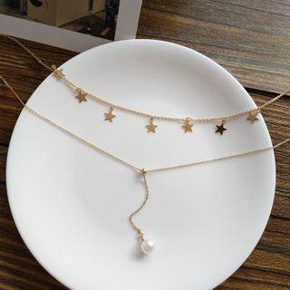 Faux Pearl Star Pendant Layered Alloy Choker