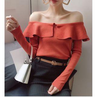 Off-shoulder Ruffle Trim Long-sleeve Knit Top