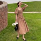 Puff-sleeve Shirred A-line Midi Dress