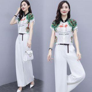 Set: Flamingo Print Short-sleeve Blouse + Wide-leg Pants