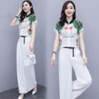 Set: Flamingo Print Short-sleeve Blouse + Wide-leg Pants