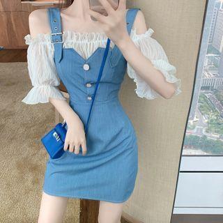 Mock Two-piece Elbow-sleeve Cold Shoulder Mini A-line Dress