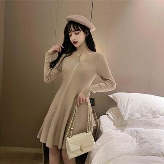 Long-sleeve Zip-up Mini A-line Dress