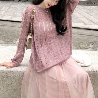 Perforated Sweater / A-line Midi Sheer Skirt