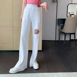 High Waist Ripped Straight-cut Wide Leg Pants