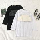 Set Of 2: Long-sleeve T-shirt + Spaghetti Strap Leather Crop Top