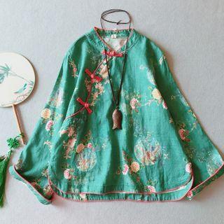 Mandarin Collar Frog-button Floral Blouse