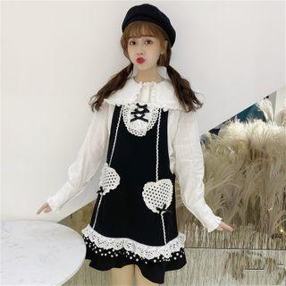 Long-sleeve Blouse / Lace Panel Mini A-line Pinafore Dress
