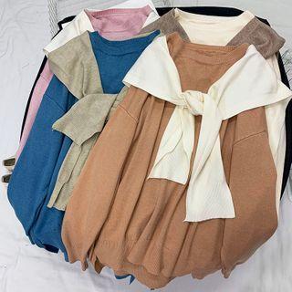 Plain Long-sleeve Knit Top With Shawl