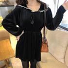 Long-sleeve Frill Trim Collared Mini Velvet Dress Black - One Size
