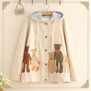Bear Patch Hooded Cardigan As Shown In Figure - One Size