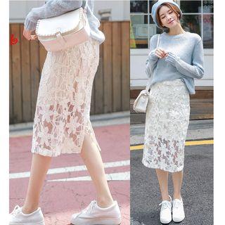 High-waist Slit Back Midi Lace Skirt