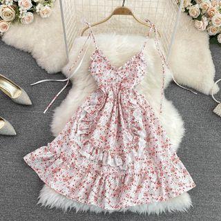 Frilled Floral A-line Mini Dress Red - One Size