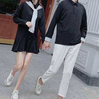 Couple Matching Long-sleeve Striped Trim Polo Shirt / Dress / Cropped Pants