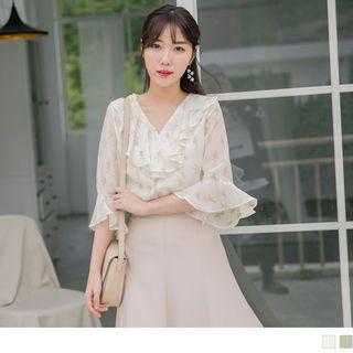 Bell Sleeve V-neck Floral Print Ruffled Top