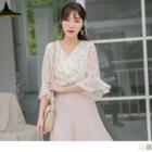 Bell Sleeve V-neck Floral Print Ruffled Top