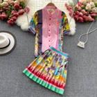 Set Of 2 : Print Short-sleeve Shirt + Color Panel Print Accordion Pleat Skirt