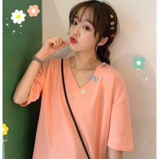 Button V-neck Elbow-sleeve T-shirt