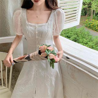 Square-neck Puff-sleeve Midi A-line Lace Dress