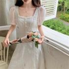 Square-neck Puff-sleeve Midi A-line Lace Dress