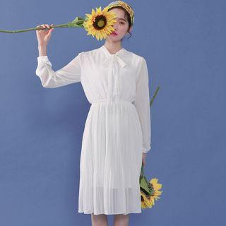 Long-sleeve Plain A-line Dress White - One Size