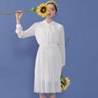Long-sleeve Plain A-line Dress White - One Size