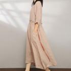 3/4-sleeve Linen Midi A-line Dress Khaki - One Size
