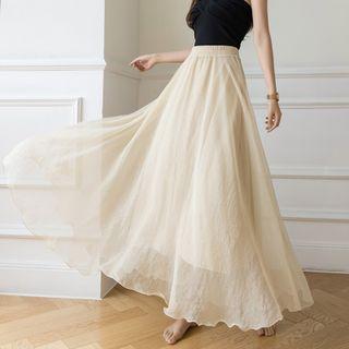 High Waist Layered Plain Sheer Long A-line Skirt