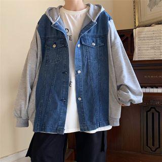 Hooded Panelled Denim Jacket Blue - One Size