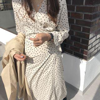 Long Sleeve V-neck Dotted Dress As Shown In Figure - One Size