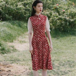 Mandarin Collar Mesh Panel Short-sleeve Floral Midi A-line Dress