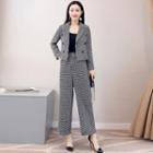 Set: Double-breasted Houndstooth Blazer + Wide-leg Pants