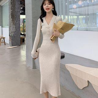 V-neck Long-sleeve Midi Sheath Knit Dress