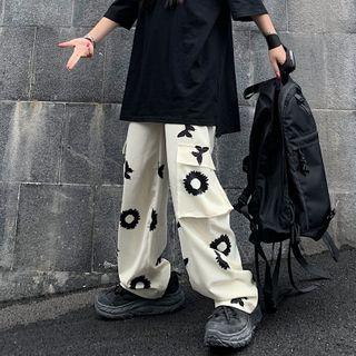 Flower Patterned Side-pocket Cargo Pants