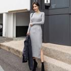 Long-sleeve Plain Knit Midi Dress Light Gray - One Size