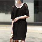 Elbow-sleeve Chiffon Panel Dress Black - One Size