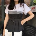 Short-sleeve Pinstriped Panel T-shirt With Belt
