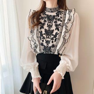 Long-sleeve Embroidered Ruffled Chiffon Blouse