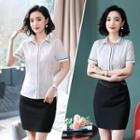 Short-sleeve Contrast Trim Shirt / Mini Pencil Skirt / Set