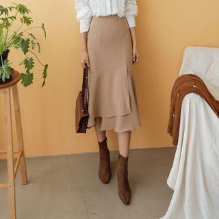 Ruffle-hem Flare Midi Skirt