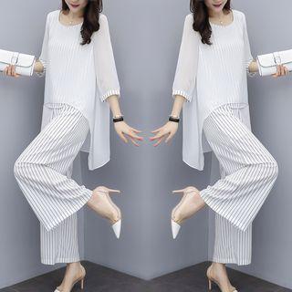 Set: Chiffon Striped Long-sleeve Top + Striped Pants