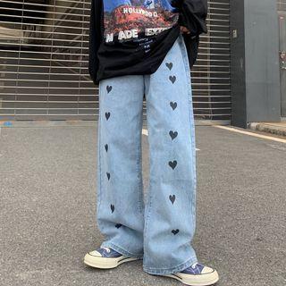 Heart Pattern Wide-leg Jeans
