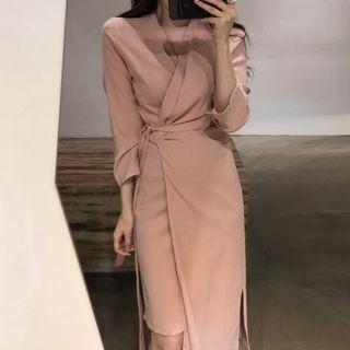 3/4-sleeve Midi Sheath Wrap Dress